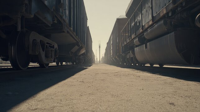 Long cargo trains carrying goods along parallel tracks, emphasizing themes of logistics, transportation, industry, and the efficient movement of commerce and raw materials in a bustling freight hub