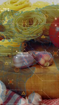 Vertical video: HUD appearing, intensifying, targeting pasta garlic tomato for food tech mapping