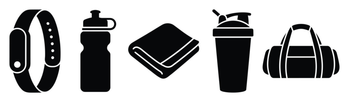 Essential fitness and sports accessories icons collection featuring a smart band, water bottle, folded towel, protein shaker bottle, and gym bag, ideal for health and exercise related