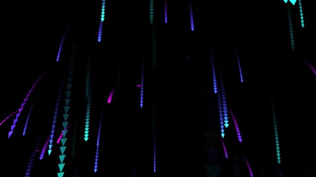 Neon arrowheads falling down - Motion trails in black background