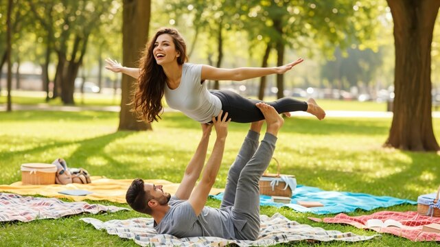 Young Caucasian Couple Practicing AcroYoga Partner Trust Exercise in Sunny Park