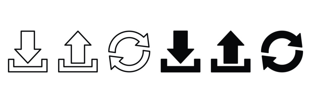 Download, upload and refresh icons set with outline and solid glyph styles for web interface design vector illustration.