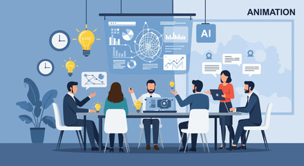 Naklejka premium Team Brainstorming Meeting with AI Technology Discussing Data and Innovation
