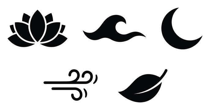 Black silhouette icons featuring natural and spiritual elements like a lotus flower, ocean wave, crescent moon, flowing wind, and a leaf for tranquil meditation, yoga, and wellness