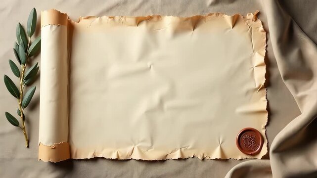 Ancient scroll with wax seal and olive branch on textured fabric. Scroll features elegant design elements and antique details, evoking history and parables.
