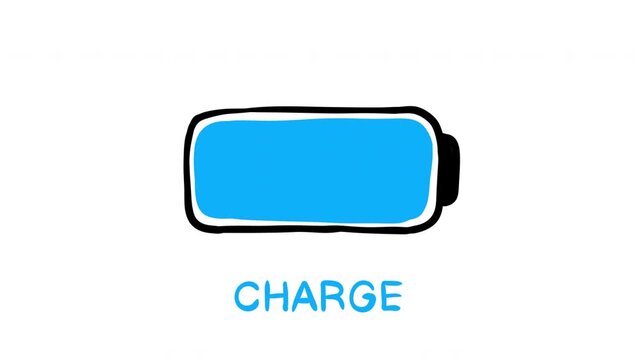 2d animation simple hand drawn battery icon with solid blue color fill and "CHARGE" text. Sketchy motion element showing energy accumulation or medium power level status.
