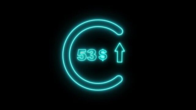 Cyan neon circular arrow with the number 53 and a dollar sign indicating financial growth and upward trend on a black background
