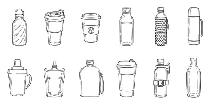 Diverse range of various drink containers such as water bottles coffee travel mugs and thermoses suitable for promoting eco friendly lifestyle outdoor activities and sustainable choices
