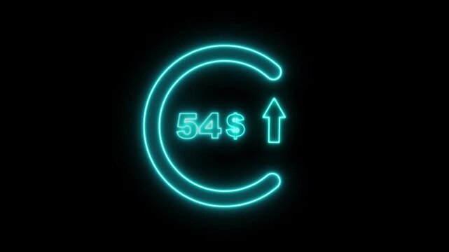 Cyan neon circular arrow with the number 54 and a dollar sign indicating financial growth and upward trend on a black background