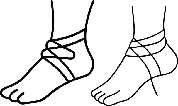 Outline of feet wearing gladiator sandals, simple black line art on transparent background.