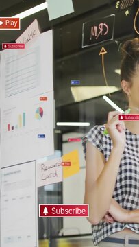 Vertical video: On play, woman pointing at glass charts for business, badges appearing over charts