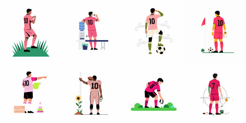 Fototapeta premium Collection of diverse soccer players and coaches in pink uniforms performing various activities on the field, flat vector illustration.