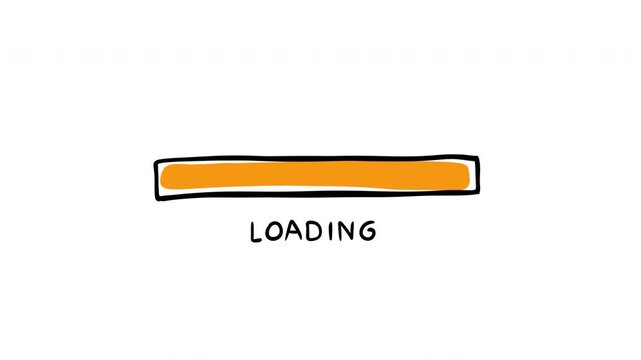 2d animation of hand drawn loading progress bar with solid orange fill and black outline. Minimalist cartoon motion element in doodle style status indicator isolated on white background.