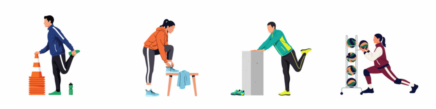 Flat illustration set of diverse people doing sports warm-ups, stretching, and preparing for exercise training.