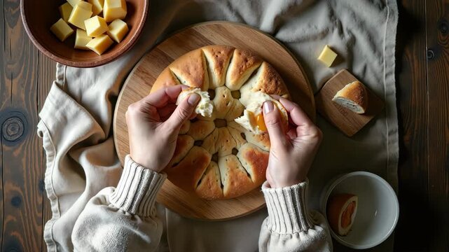Freshly baked bread with hands pulling apart soft pieces on wooden board, accompanied by cubes of cheese and cozy linen. This bread presentation inspires warmth and togetherness for friends gathering.