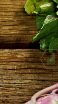 Vertical video: Hex popping by greens causing icons pulsing, sliding left, showing produce data