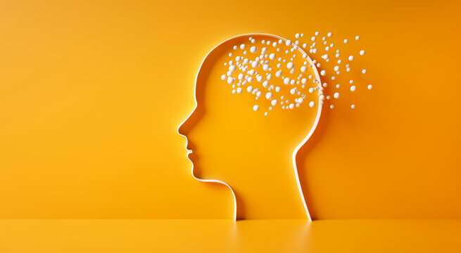 Head and brain diseases concept - scattering spheres flying out of human head symbol on yellow background with copy space