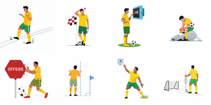 Set of flat vector illustrations featuring a soccer player facing frustrations with rules, VAR reviews, and offside decisions on a white background.
