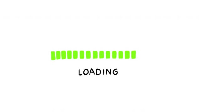 2d scribble animation of green segmented loading bar elements in hand drawn doodle style. Vibrant lime colored progress blocks isolated on white background for UI design or game.