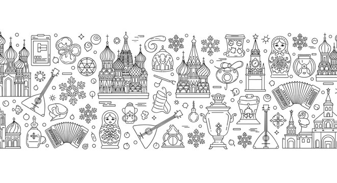 Russian traditional cultural symbols and landmarks like the Kremlin and matryoshka dolls are featured in this horizontal line art border.