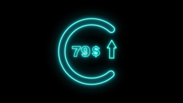 Red neon circular arrow with the number 79 and a dollar sign indicating financial growth and upward trend on a black background