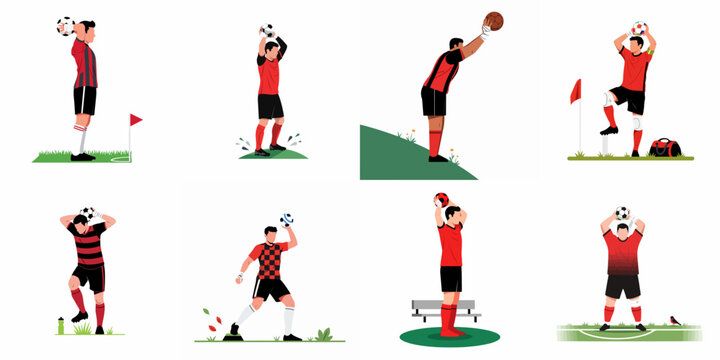 A set of eight flat illustrations featuring a male soccer player performing various throw-in techniques in different outdoor environments.