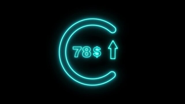 Red neon circular arrow with the number 78 and a dollar sign indicating financial growth and upward trend on a black background