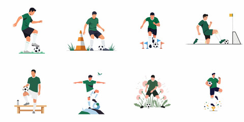Fototapeta premium Vector Illustration Set of a Male Soccer Player Practicing Drills, Dribbling, and Celebrating a Victory in a Green and Black Uniform