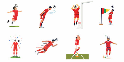 Set of vector illustrations featuring soccer players in red uniforms performing various ball heading skills, techniques, and game actions on a white background. © Reno
