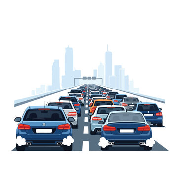 Flat vector illustration of a massive traffic jam on a multi-lane highway leading into a modern city skyline with skyscrapers, showing various cars with exhaust smoke in daylight.