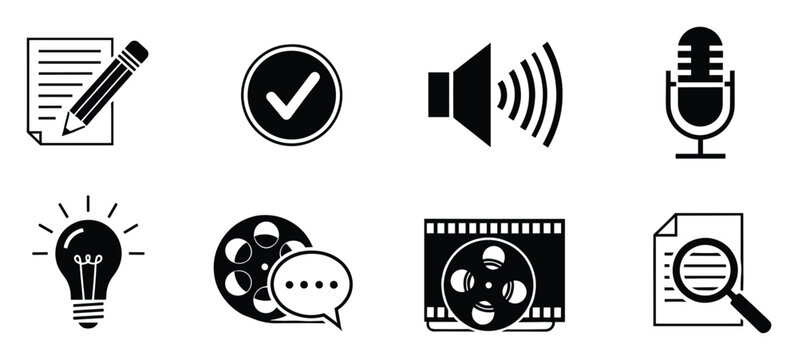 Essential icon collection for multimedia content creation communication and information processing suitable for various electronic and print applications