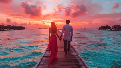Fototapeta premium Romantic couple holding hands walks on pier over turquoise water at vibrant sunset