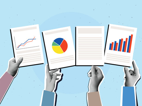 Black and white hands holding a paper documents with graphs and charts. Modern photo collage style. Vector illustration