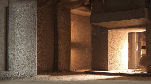 Rough refractory walls of an industrial furnace interior glowing with intense heat, highlighting durable insulation and rugged kiln structure used in foundry and metal production processes