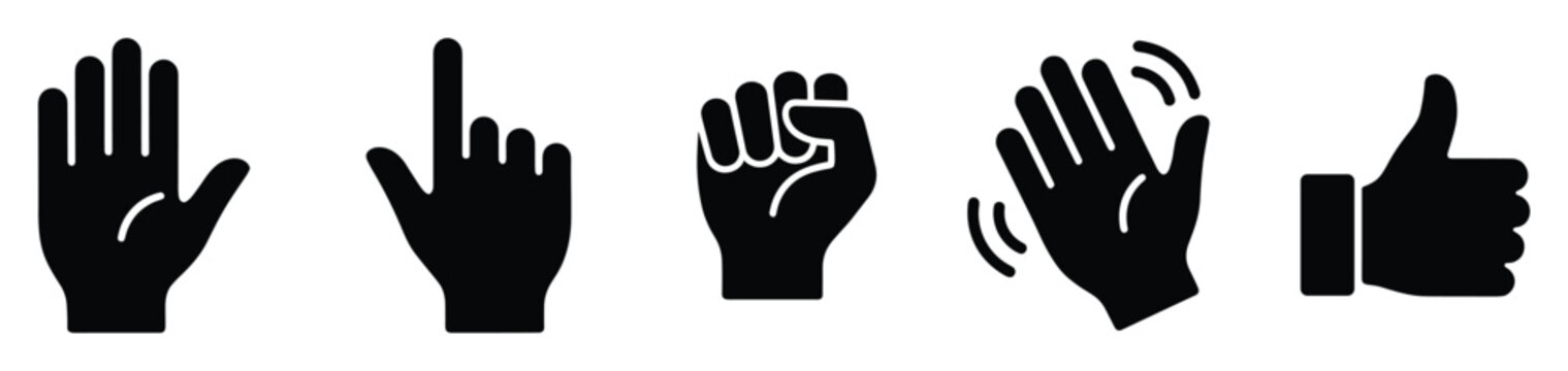 Collection of diverse hand gestures including open palm, pointing finger, closed fist, waving hand, and thumbs up for various digital communication and interactive design applications.