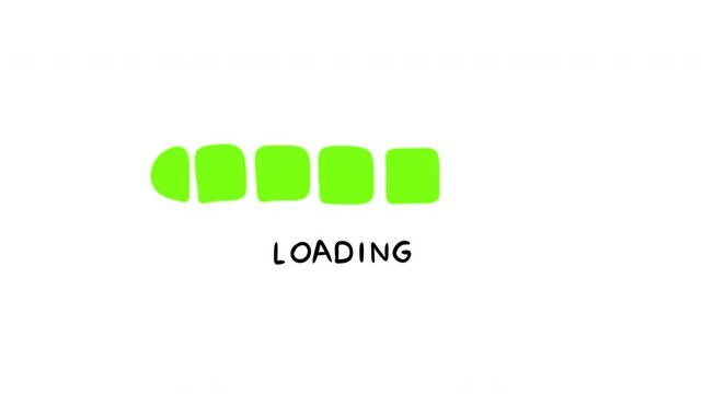 Hand drawn green loading bar or progress indicator with blocks or segments in playful minimalist doodle style. Playful 2d cartoon animation for game or digital interface.