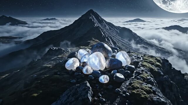Moonstones Gathered on a Misty Mountain Peak Under the Moon