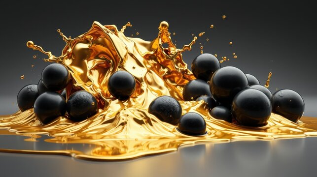 Golden liquid splashes around dark spheres. Dramatic lighting creates high contrast, emphasizing texture, form, movement. Visually striking composition.