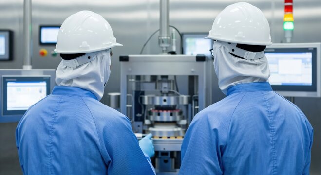Two male pharmaceutical technicians in cleanroom suits operating tablet press machine