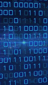 Vertical video: On play, binary matrix scrolling on blue screen, scanlines pulsing for tech view