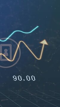 Vertical video: Cyan triangle appearing, cyan and gold lines tracing analytics UI, readout falling