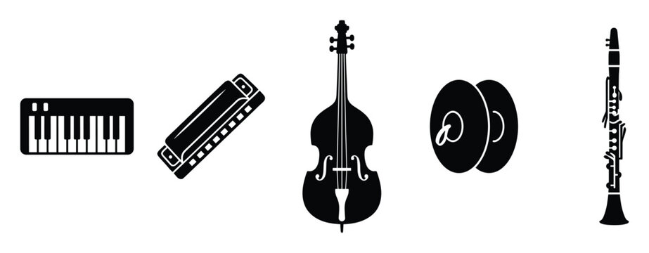 Collection of diverse musical instruments featuring a keyboard harmonica upright bass cymbals and a clarinet useful for music lessons event posters and entertainment industry branding