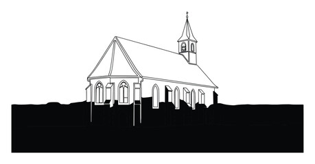 Fototapeta premium Minimalist line drawing of a small historic church building with a distinctive steeple and bell tower, perfect for architectural concepts, spiritual design projects, or educational content.