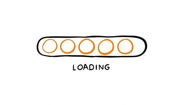 Doodle style loading indicator or progress bar with orange outline circles inside hand drawn capsule frame. Scribble 2d cartoon animation for game or digital interface.