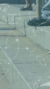 Vertical video: Fading chalk overlay appearing over concrete steps and ledge at plaza, showing post