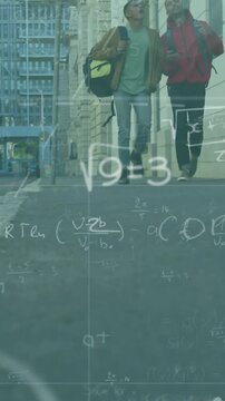 Vertical video: Two students approaching camera, tapping phone and causing math graphics for study