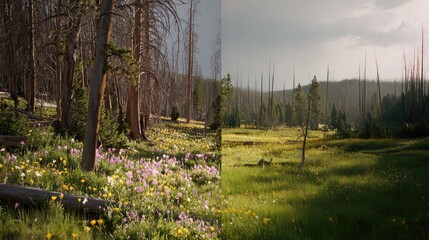Naklejka premium Vibrant wildflower meadow of colorful blooms and green grasses, framed by towering forest trees beneath a cloudy sky peaceful, natural landscape evoking spring renewal