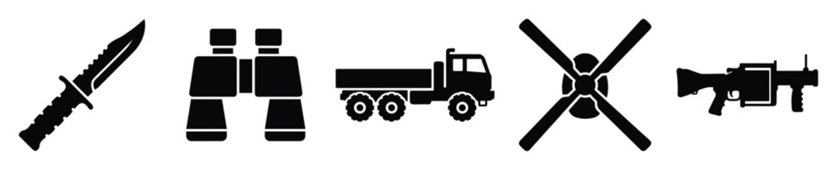 Obraz premium Military equipment and tactical gear icon set featuring a combat knife, binoculars, heavy truck, helicopter rotor, and grenade launcher silhouettes for defense and security themed