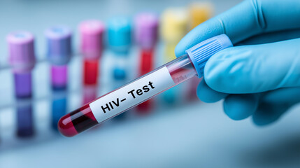 Naklejka premium Doctor Holding Blood Test Tube – HIV Testing Laboratory Analysis Concept