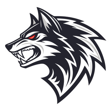A fierce wolf head logo with red eyes and sharp teeth in a black and white shield design
